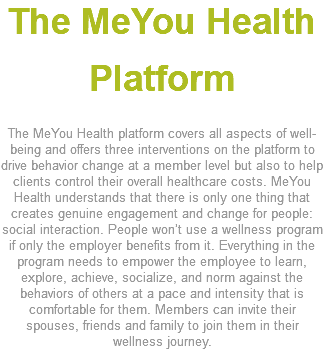 The MeYou Health Platform The MeYou Health platform covers all aspects of well-being and offers three interventions on the platform to drive behavior change at a member level but also to help clients control their overall healthcare costs. MeYou Health understands that there is only one thing that creates genuine engagement and change for people: social interaction. People won’t use a wellness program if only the employer benefits from it. Everything in the program needs to empower the employee to learn, explore, achieve, socialize, and norm against the behaviors of others at a pace and intensity that is comfortable for them. Members can invite their spouses, friends and family to join them in their wellness journey. 